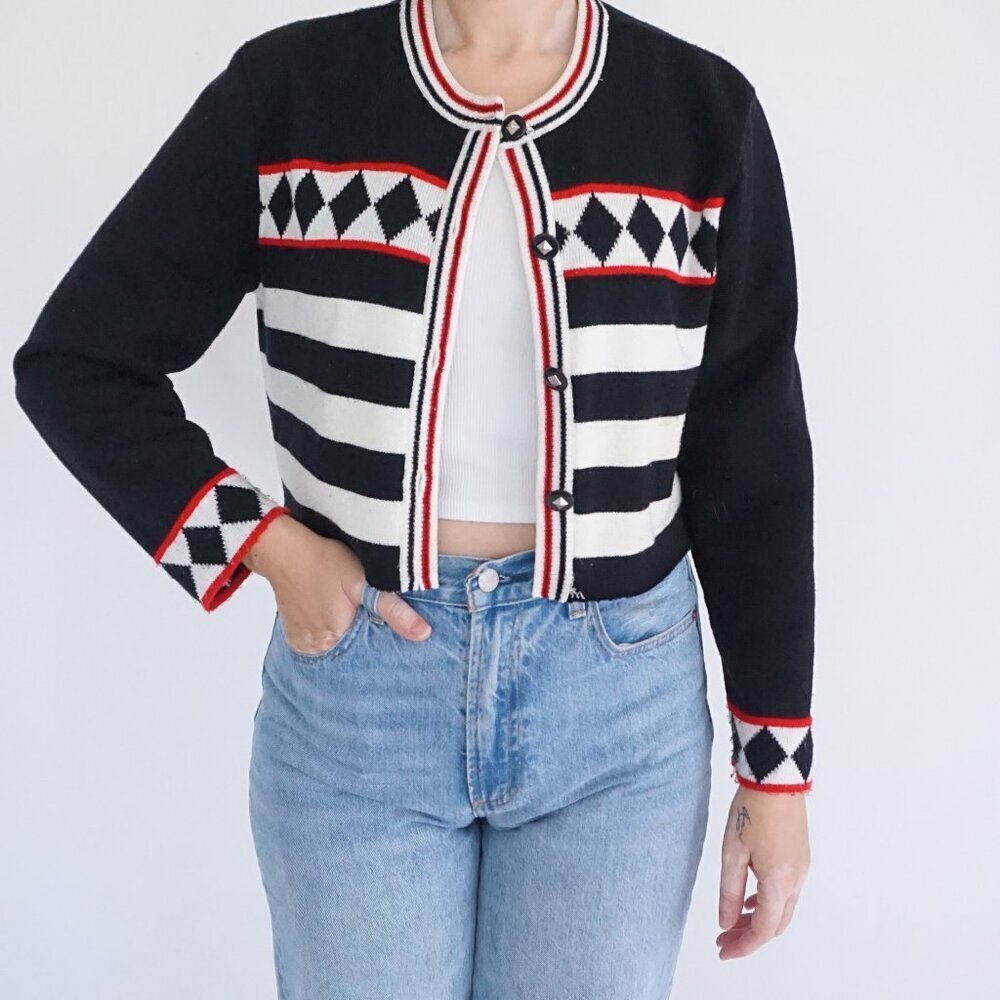 Black, White Striped Cropped Cardigan with Red Trim Medium Diamond Shaped Button